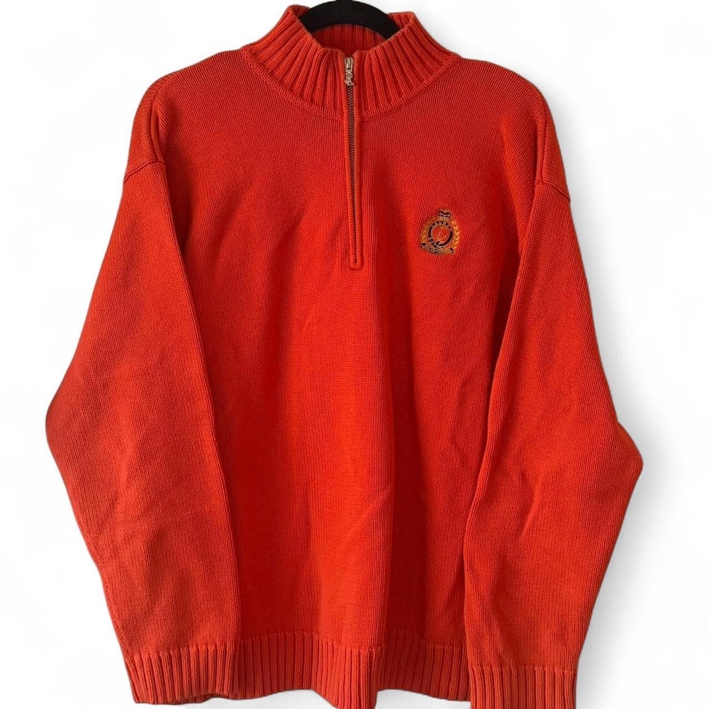 Y2K Ralph Lauren quarter-zip knit sweater in orange cotton. Men's size L.